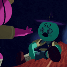 a pink and a green cartoon character with a swirl on their face