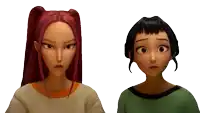two cartoon characters one with red hair and one with black hair are looking at each other