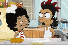 a cartoon character with a chef 's hat is standing next to another character