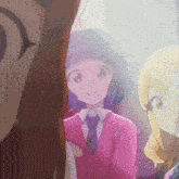 three anime girls are standing next to each other in a room . one of the girls is wearing a pink sweater and tie .
