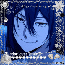a picture of a man in a blue frame with the words fredor loves jamie