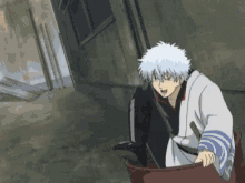 a cartoon character is sitting in a bucket with a sword .