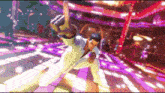 a man in a white suit is dancing on a dance floor in a video game