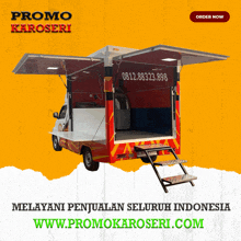 an advertisement for promo karoseri shows a food truck