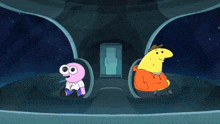 two cartoon characters looking at a picture that says true on it