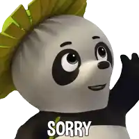 a panda bear with a yellow hat and the word sorry below it