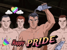 a group of naked men standing next to each other with the words " happy pride " on the bottom right