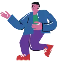 a man in a blue jacket and purple pants is waving