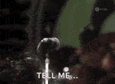 a man with dreadlocks is singing into a microphone and saying tell me .