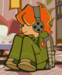 a cartoon character wearing headphones and a backpack is sitting on the floor