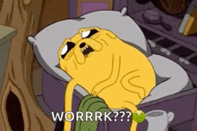 a cartoon dog is laying in a bed with the words worrrk .