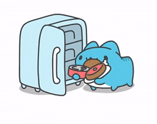 a cartoon of a cat looking into a refrigerator filled with food
