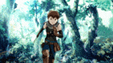 a boy is running through a forest holding a sword