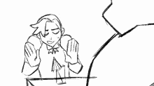 a black and white drawing of a person sitting in a chair talking on a phone .