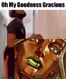 a meme of a man standing next to a woman with green lips
