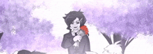 a cartoon of a man in a suit holding a red rose .