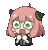 a cartoon girl with pink hair and green eyes is wearing glasses and a bow tie .