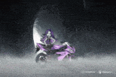 a girl with purple hair is riding a motorcycle