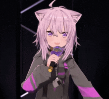 a girl with purple hair is holding a microphone in her hand .