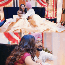 a man in a turban is hugging a woman in a red dress