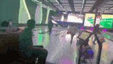 a bowling alley with people playing and a scoreboard that says 100 on it