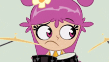 a cartoon girl with pink hair and a flower in her hair is playing drums .