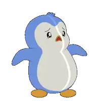 a blue and white penguin with a tear running down its face