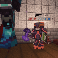 a minecraft character with a purple axe and shield is standing in front of a wall with the number 72.31 on it