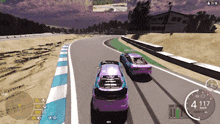 two cars are racing on a track with a speedometer that reads 41117