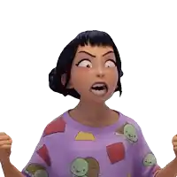 a cartoon character wearing a purple shirt with turtles on it is making an angry face