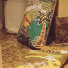 a bag of chips is sitting on a counter next to a bag of chips .