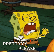 spongebob from spongebob squarepants is making a funny face and saying `` pretty please '' .