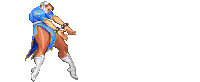 a pixel art of chun li from street fighter shooting a blue beam