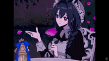 a girl in a maid outfit is holding a purple rose in her hand