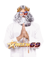 a man with a beard and a laurel wreath on his head stands in front of a sign that says agen69