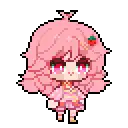 a pixel art drawing of a girl with pink hair and a strawberry in her hair