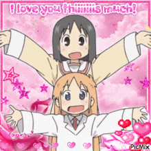 a picture of two anime girls with their arms outstretched and the words " i love you " on the bottom