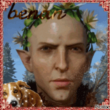 a picture of a man wearing a wreath of flowers with the word benam written on it