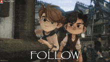 two cartoon characters are standing next to each other and the words follow are above them