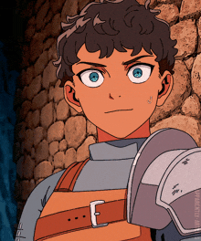a cartoon drawing of a man with blue eyes and a belt around his waist with the letter e on it