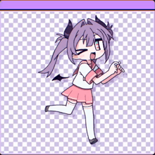a drawing of a girl with purple hair and horns on a purple checkered background