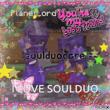 a picture of two purple minecraft characters with the words i love soulduo on the bottom