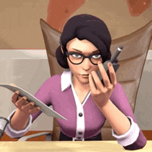 a cartoon character is sitting at a desk holding a tablet and a cell phone
