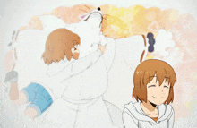 a cartoon drawing of a girl hugging a white wolf
