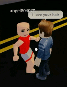a girl in a red shirt is standing next to a boy in a blue shirt and says i love your hair