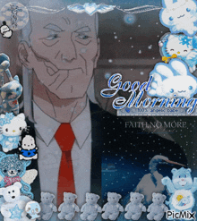 a man in a suit and tie is surrounded by stuffed animals and says " good morning "