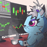 a cartoon drawing of a cat holding a cup in front of a computer monitor