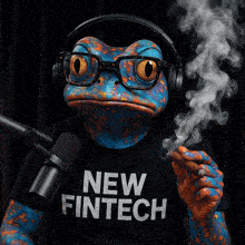 a blue frog wearing headphones and a new fintech shirt smoking a cigar
