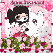 a picture of a skeleton hugging a hello kitty with the words simon luvs anni
