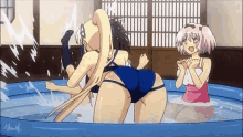 three anime girls are playing in a pool of water
